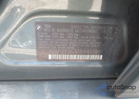 2011 BMW 328I xDrive z USA, uszkodzony, nr VIN WBAPK5C57BA657840